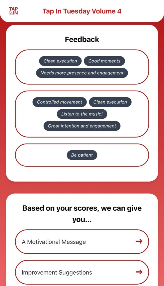 Judge feedback screen with quick tags and improvement suggestions