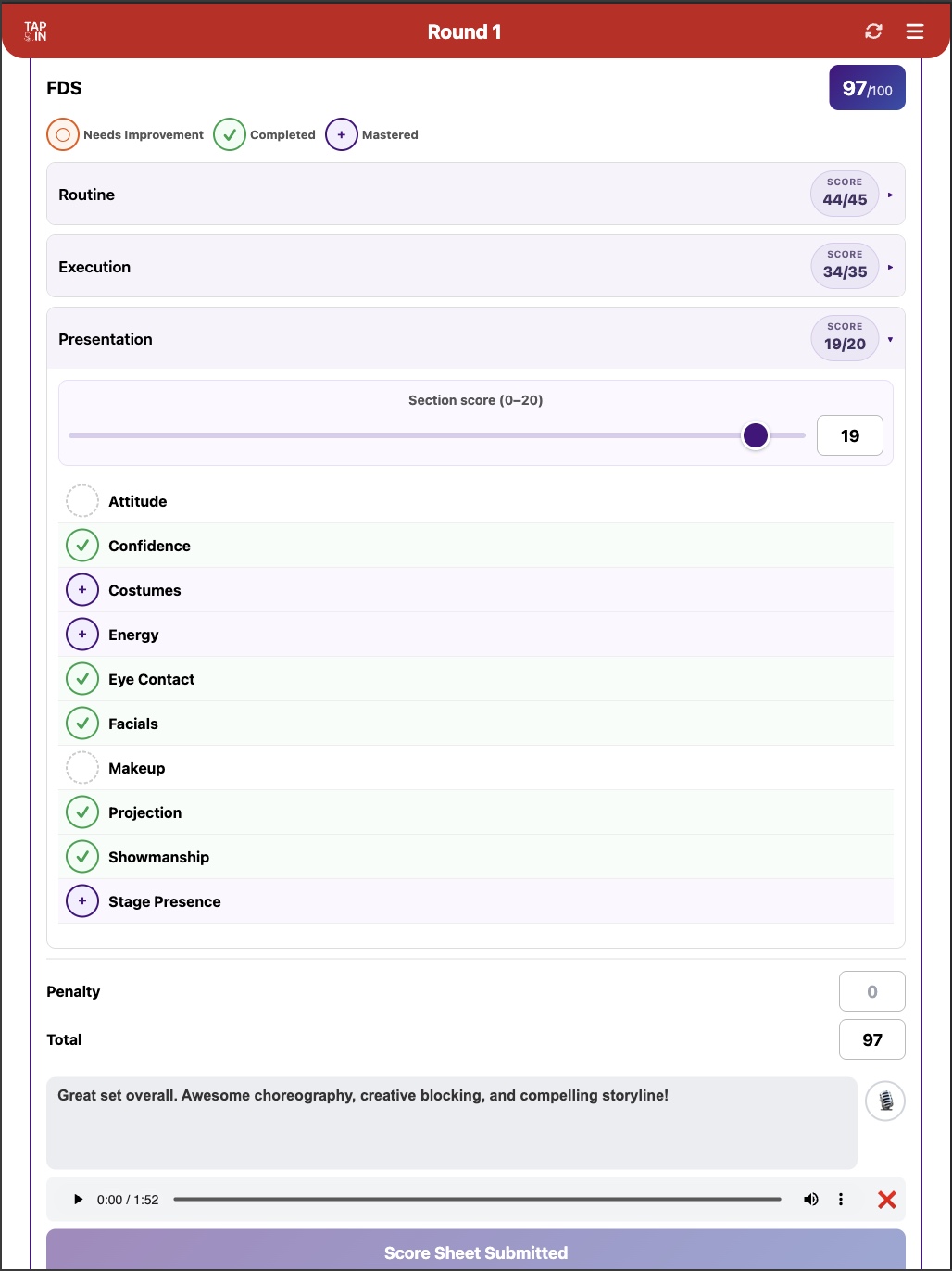 Complex scoring sheet for a choreo routine — routine, execution, and presentation with criteria checkboxes