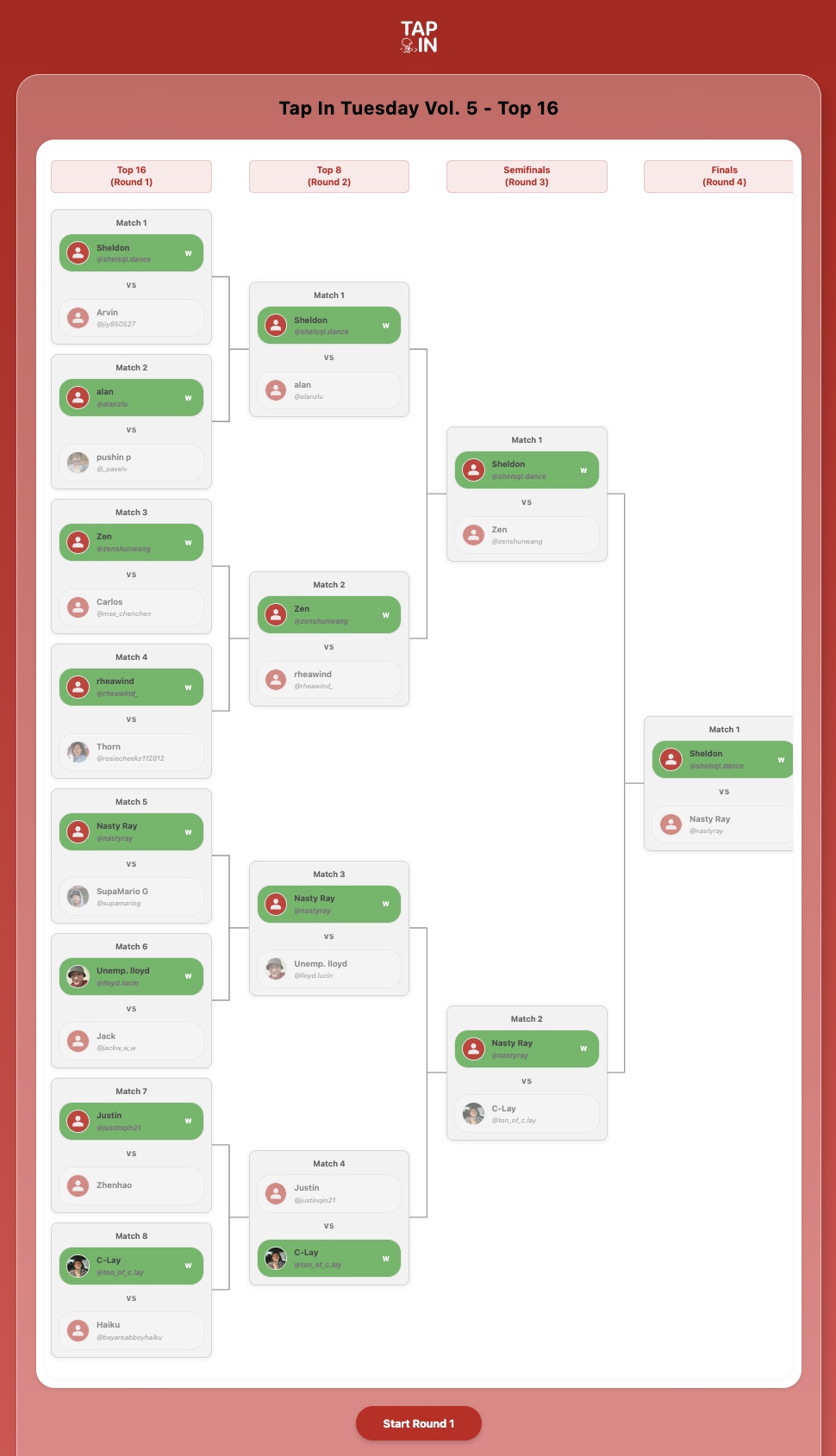 Seeded tournament bracket with match order, from semifinals to finals
