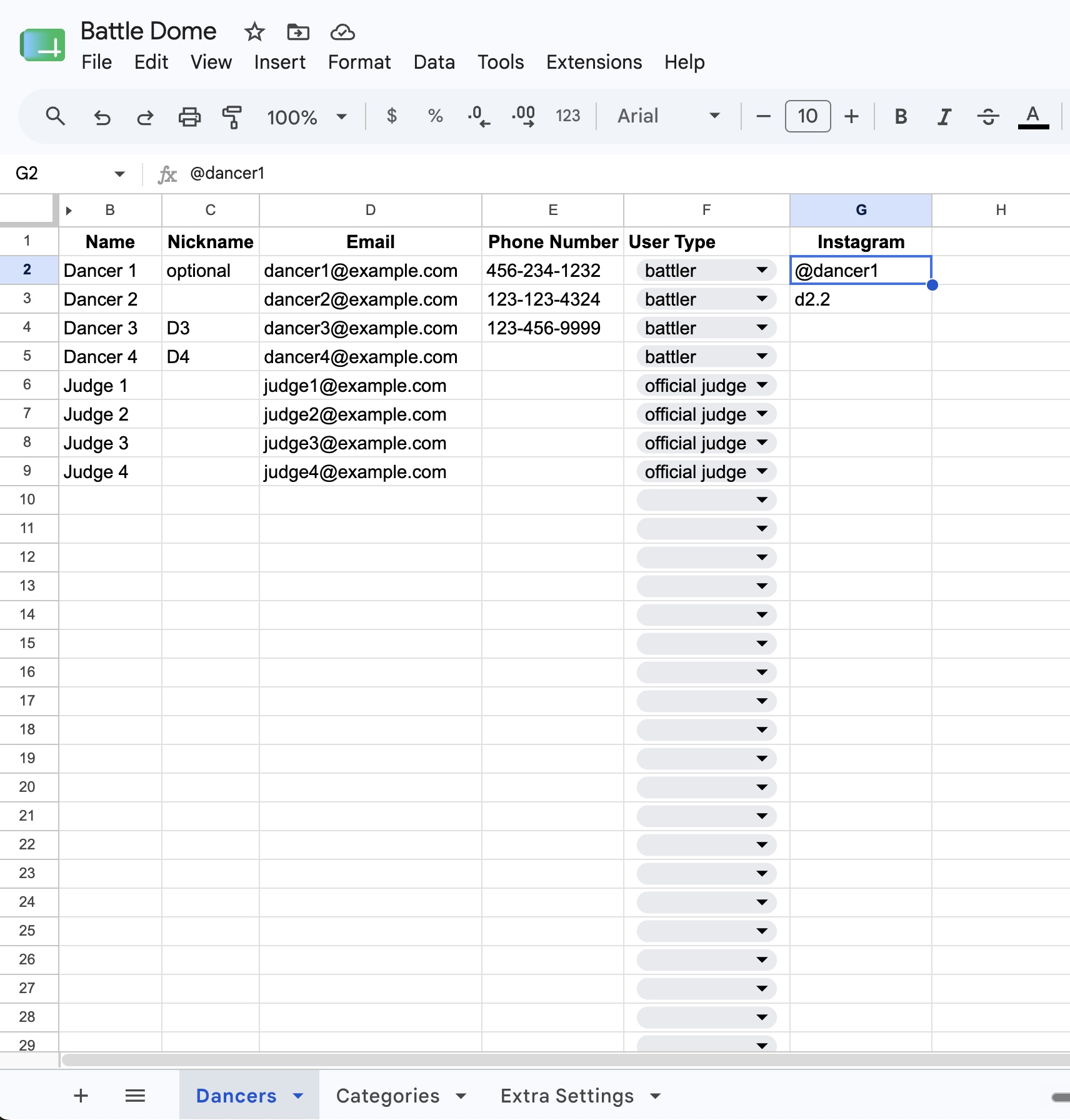 Battle setup in a Google Sheet with dancers, emails, and Instagram handles