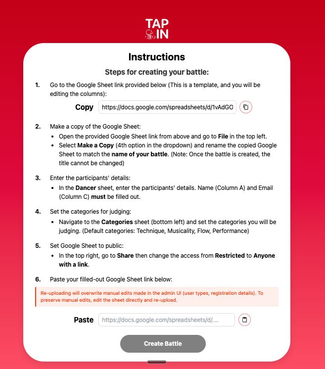 Create Battle screen where you paste your Google Sheet link