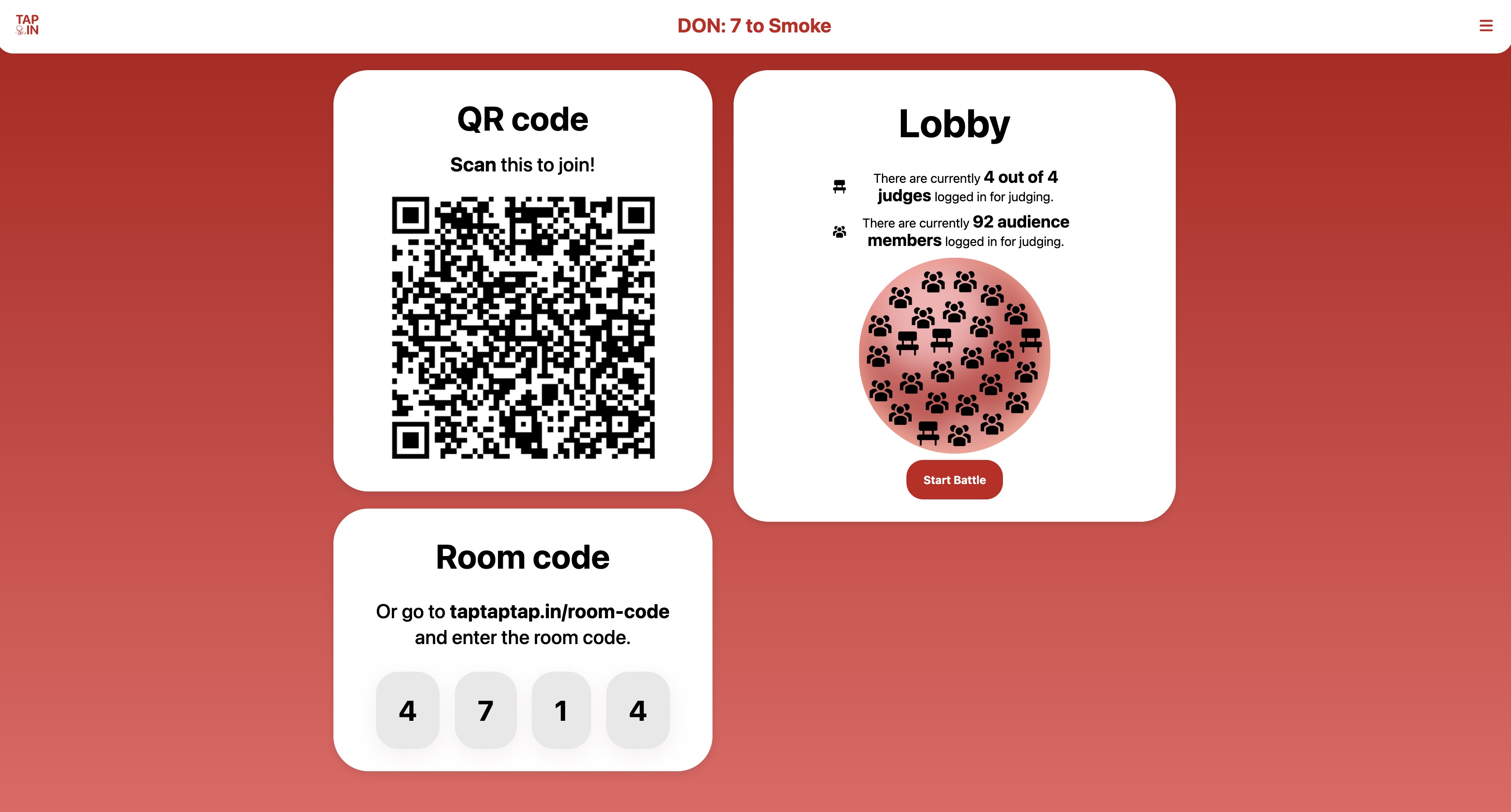 Projector lobby view with a QR code to join and a live judge count